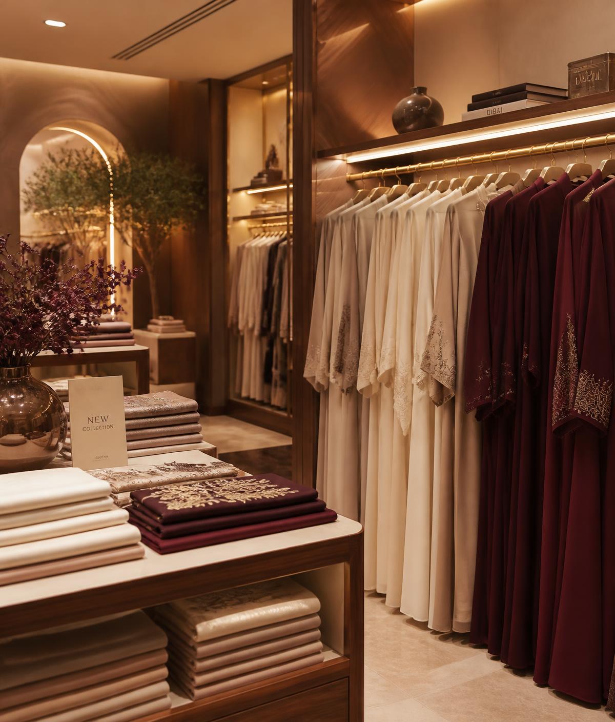 Interior of the Shaista Collection boutique with abayas and folded scarves