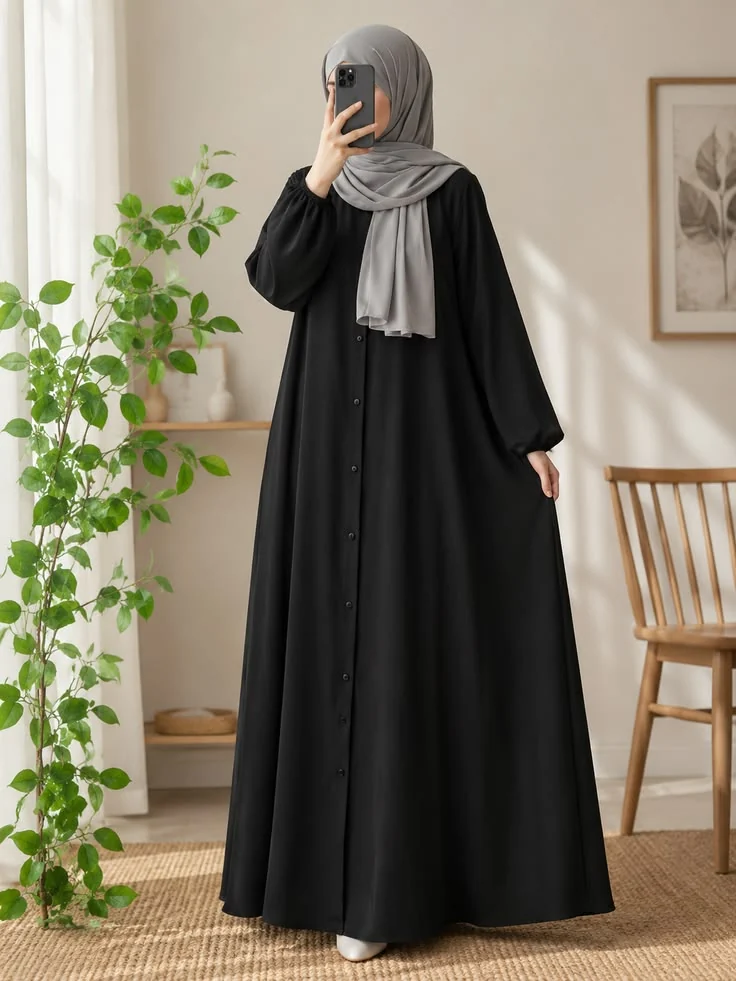 Classic Black Button Abaya by Shaista Collection
