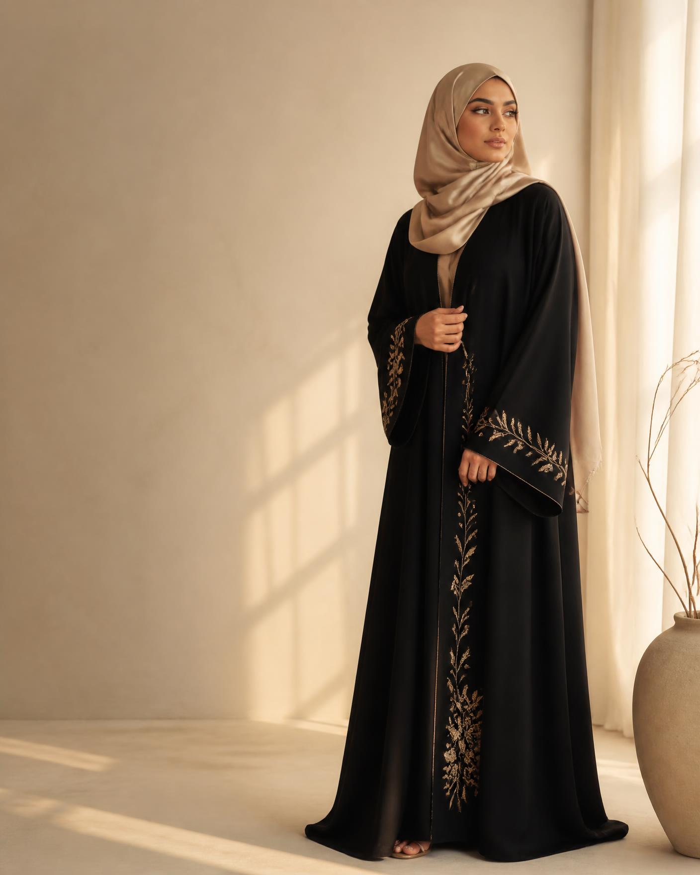 Woman wearing an embroidered black abaya with a champagne scarf